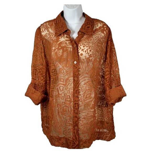 Ruby Rd Sheer Top Plus Size 20 Short Sleeve Button Up Tropical Floral Rust Brown - Picture 9 of 10